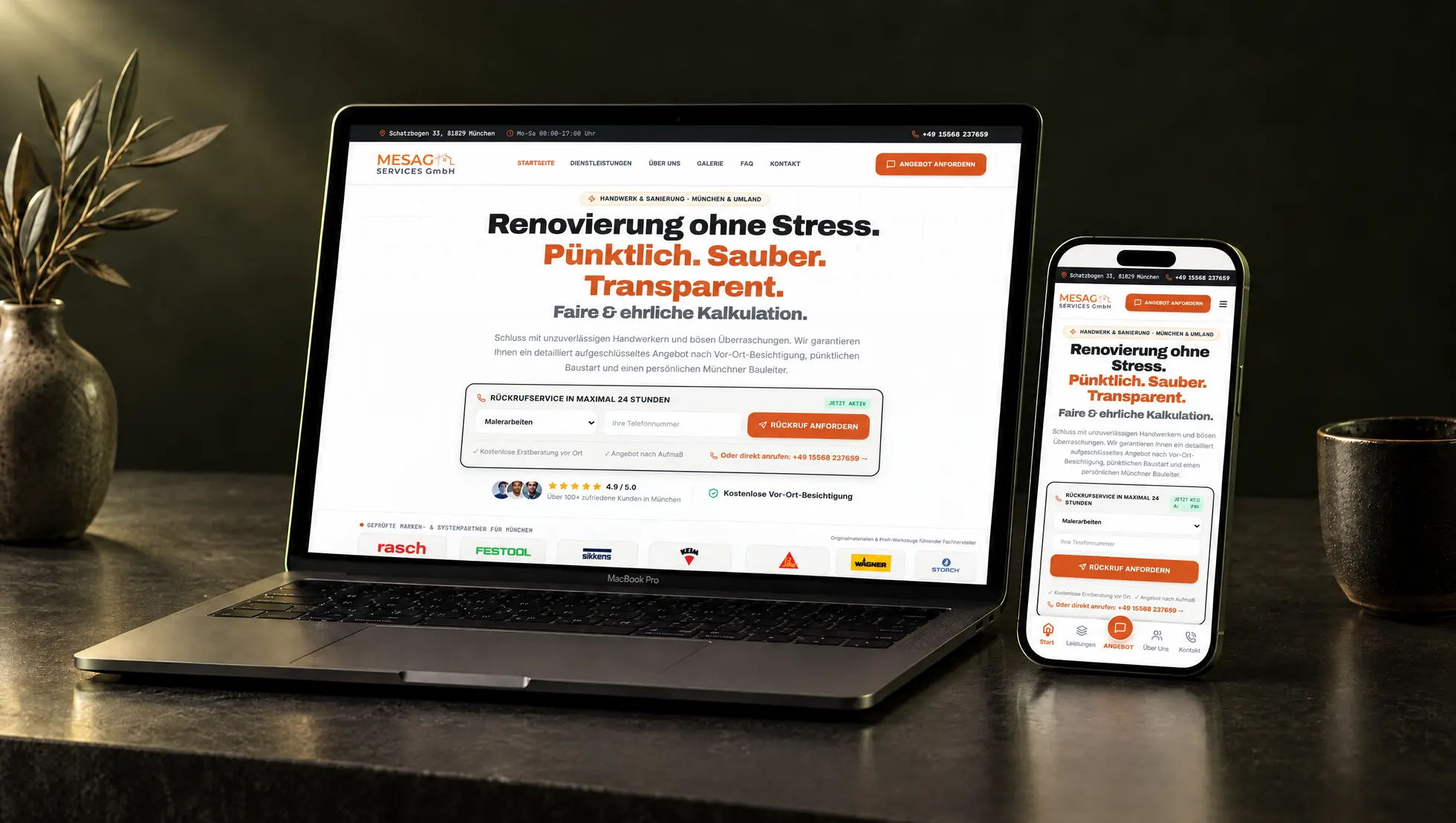 Web stranica Mesag Services (mesag-services.com) na laptopu i mobitelu — izradio Zee Design
